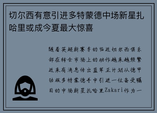 切尔西有意引进多特蒙德中场新星扎哈里或成今夏最大惊喜