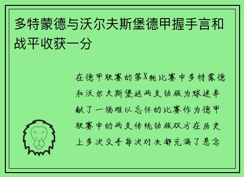 多特蒙德与沃尔夫斯堡德甲握手言和战平收获一分