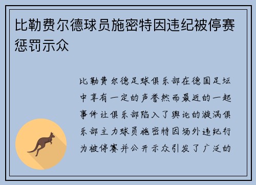 比勒费尔德球员施密特因违纪被停赛惩罚示众