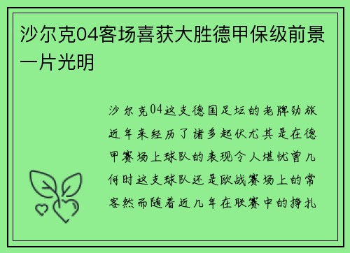 沙尔克04客场喜获大胜德甲保级前景一片光明